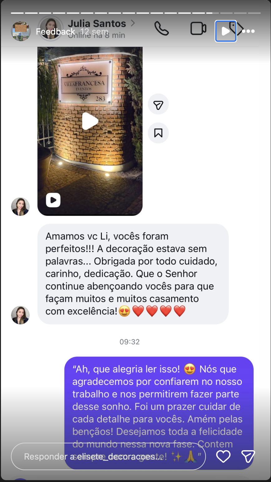 Print real de feedback recebido pela Elisete Decorações