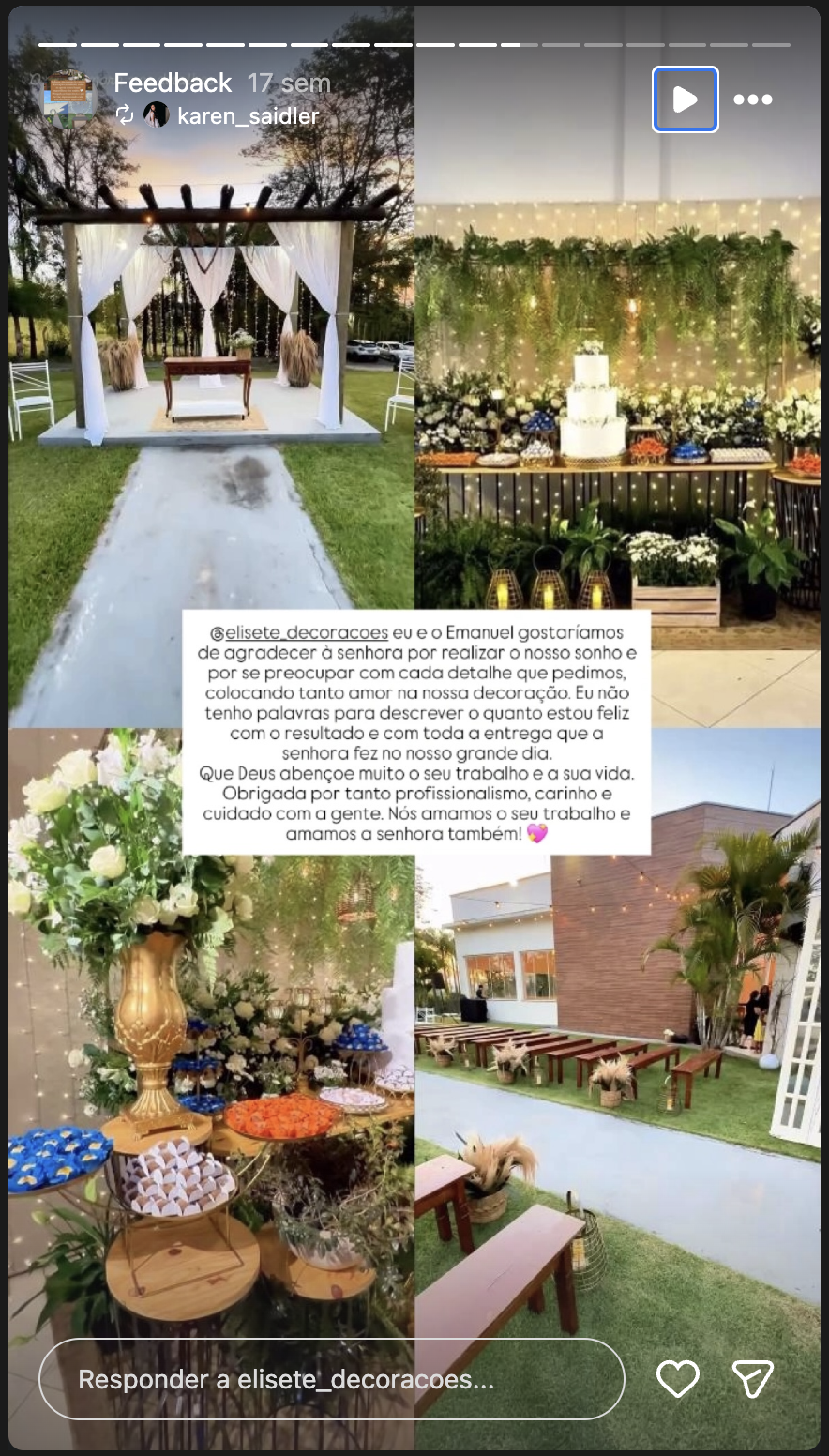 Print real de feedback recebido pela Elisete Decorações