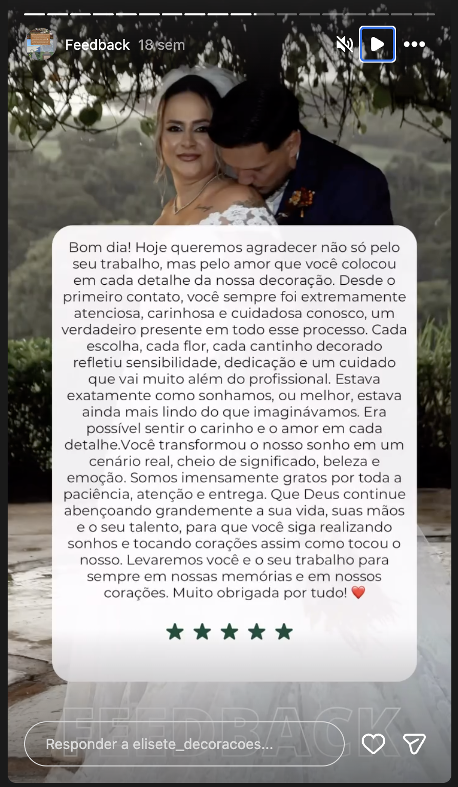 Print real de feedback recebido pela Elisete Decorações