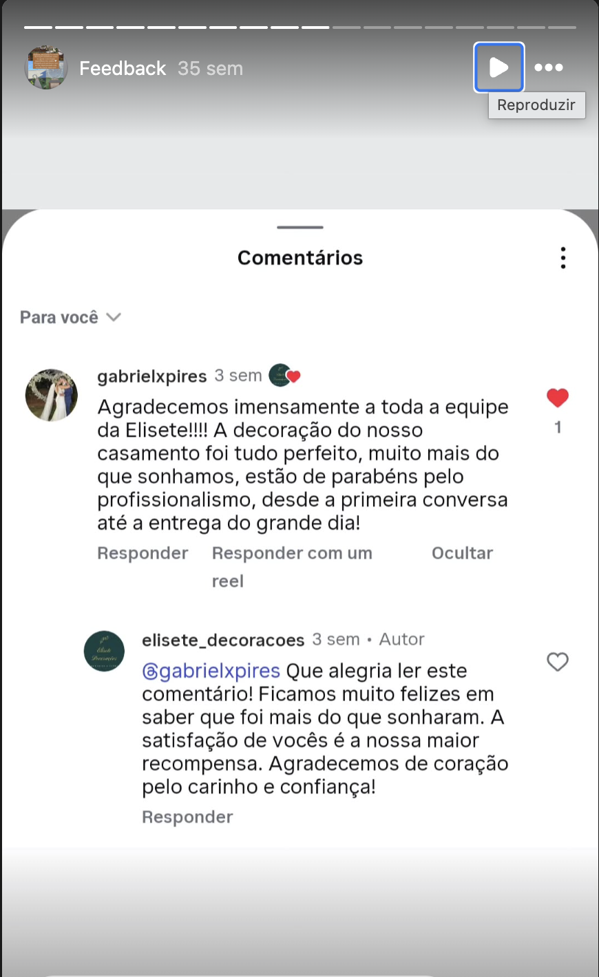 Print real de feedback recebido pela Elisete Decorações