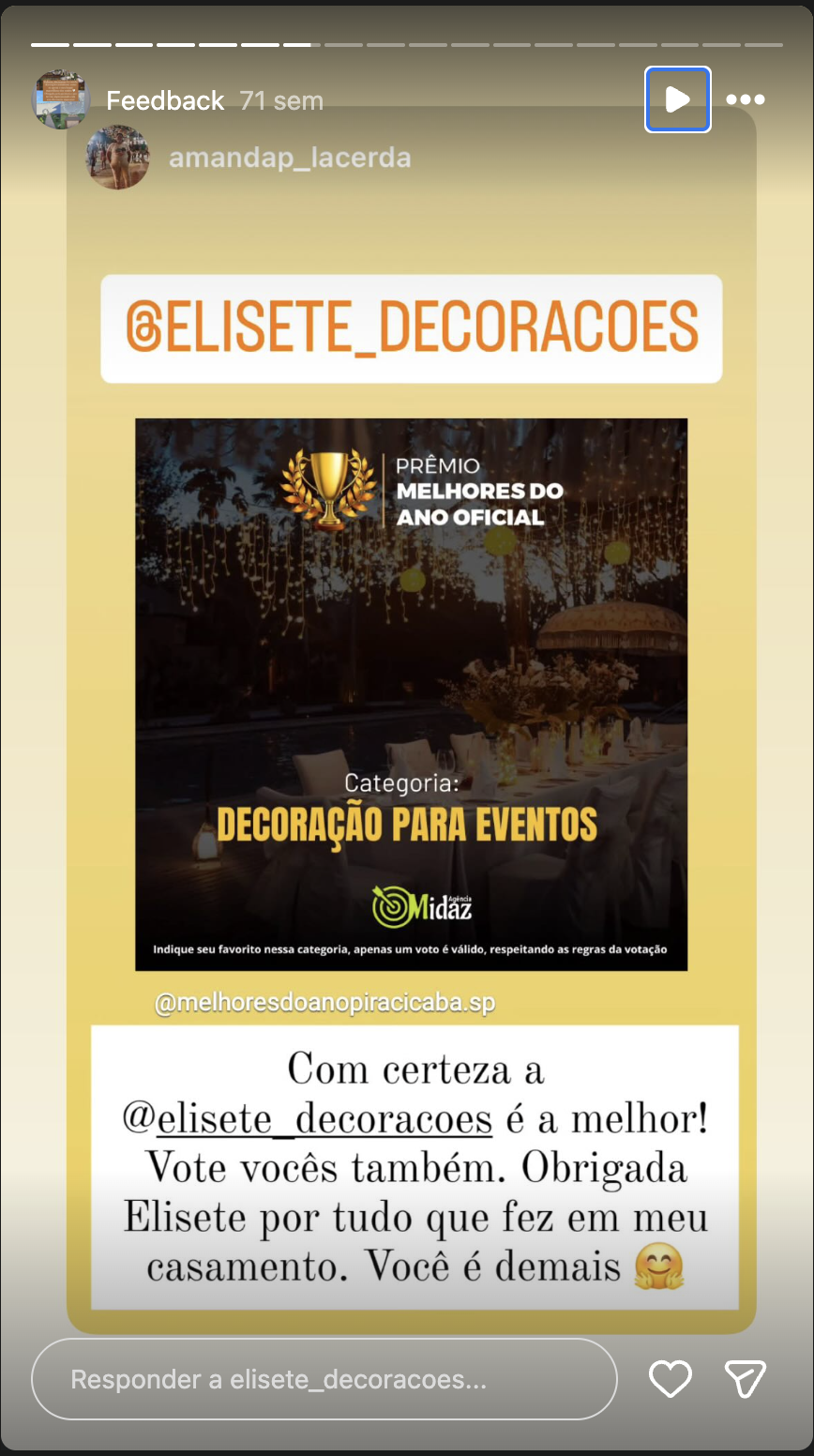 Print real de feedback recebido pela Elisete Decorações
