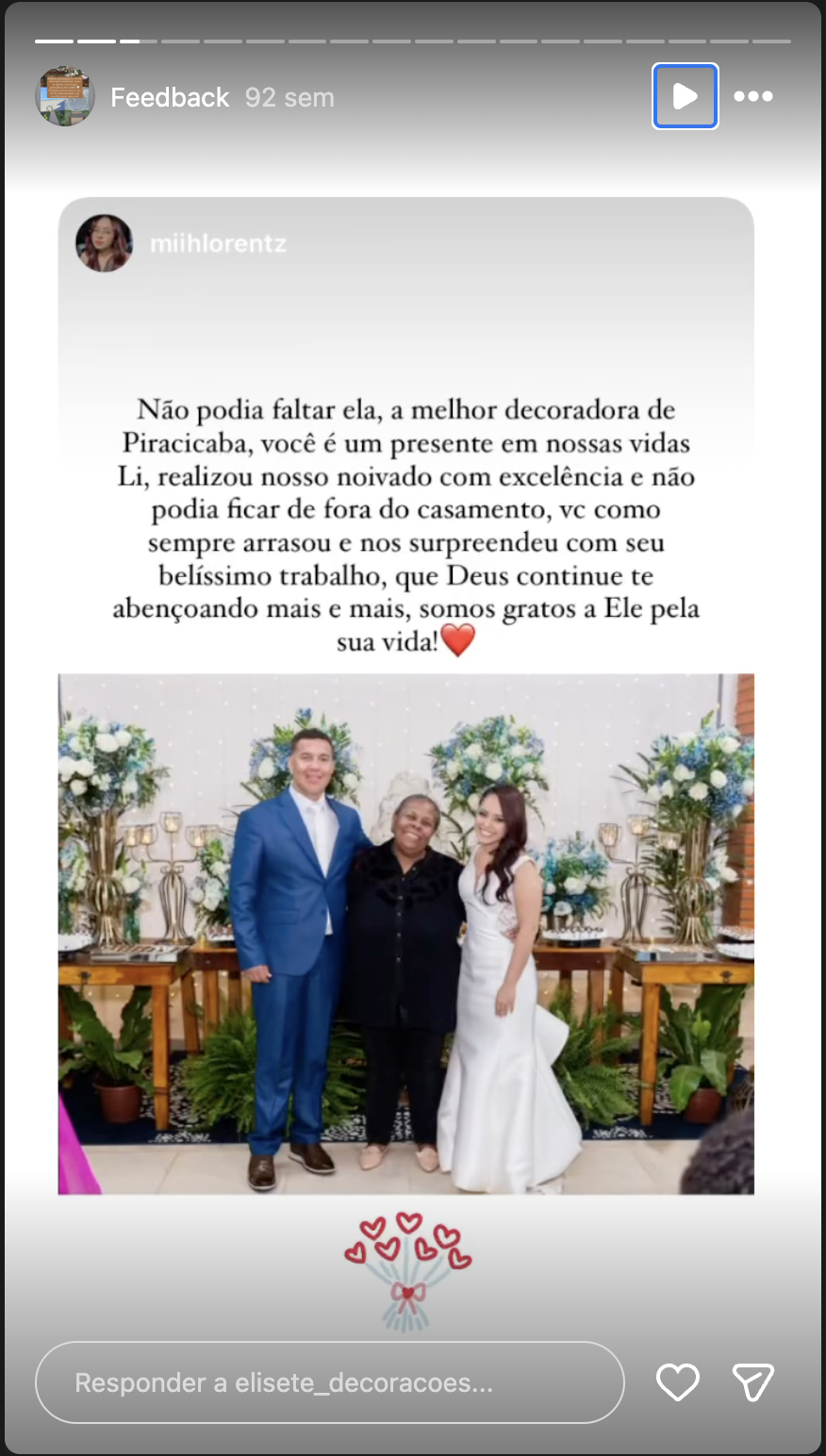 Print real de feedback recebido pela Elisete Decorações