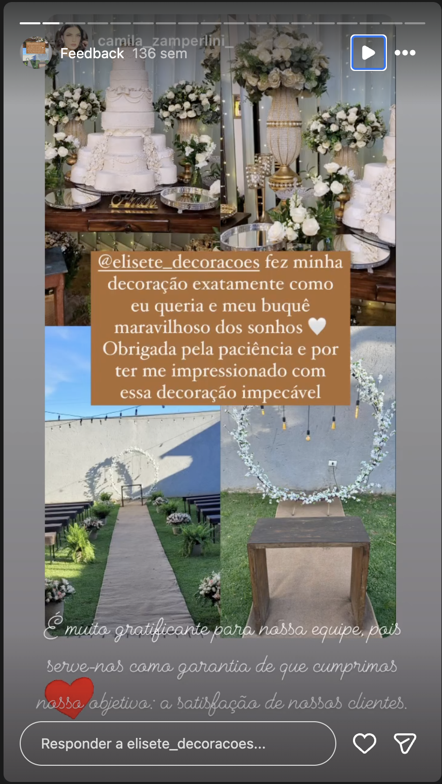 Print real de feedback recebido pela Elisete Decorações